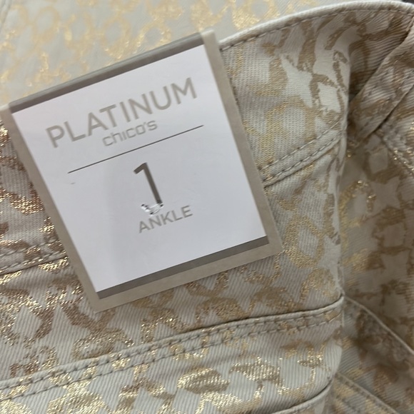 Chicos beige platinum denim ankle pants with metallic gold lattice design - Picture 6 of 16